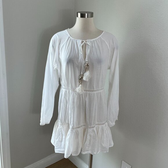 True Destinations Womens Medium White Beach Boho Tunic Dress Seashell Tassels - Picture 1 of 11